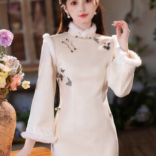 Du yanzhi 2026 new winter crystal velvet inverted large-sleeved long cheongsam with temperament, high-end purple plus velvet long cheongsam, off-white m 90-100 (height standard of 1.6 meters)
