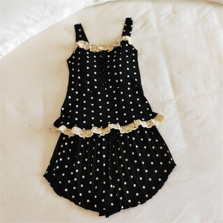 Goldlion带胸垫睡裙女无袖吊带短款性感花边背心睡衣薄款甜美公主风家居服 33033.2#波点黑色(固定胸垫) 背心+短裤 M 【80-100斤】