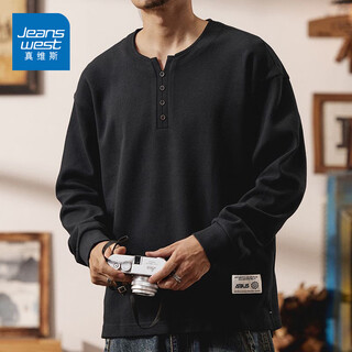 Jeanswest 2025 autumn new cotton henley collar men's sweater loose long sleeve t-shirt american top t white bottoming shirt black m