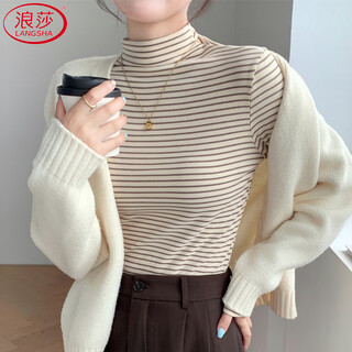 Langsha striped bottoming shirt for women winter 2025 new double-sided brushed half-high collar slim slim long-sleeved inner top