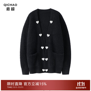 Qichao love buckle loop needle thickened 100% cashmere cardigan women's 2025 sweater knitted pure cashmere cardigan jacket autumn and winter black m