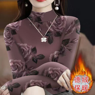 Shiyada german velvet bottoming shirt for women in autumn and winter new style half turtleneck slim slim plus velvet fashionable women's clothing light purple flower (german velvet) xl recommended 105-125 jin jin equals 0.5 kg