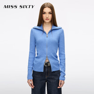 Miss sixty2025 new winter knitted jacket women's lapel two-way zipper wool blended twist sweater sky blue s