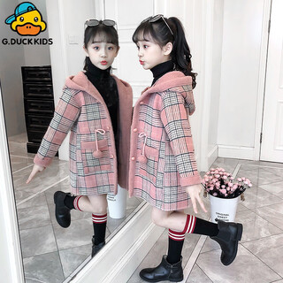 G.DUCKKIDS女童毛呢外套秋冬加绒儿童羊羔绒中长连帽大衣秋冬小女孩加厚风衣 粉红色 150 cm