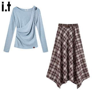 Chocoolate it women's dress french sweater oblique shoulder long-sleeved t-shirt autumn and winter suit women's high-waist plaid skirt aqua blue top + brown plaid skirt top one size m