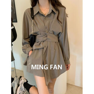 Xiaohongshu's same style 2025 autumn new women's clothing temperament waist polo collar long-sleeved shirt dress casual green s s