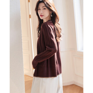 Demana (dme) best-selling spring and autumn angora velvet yarn color block cardigan metal wire piping sweater for women spring and autumn brick red l