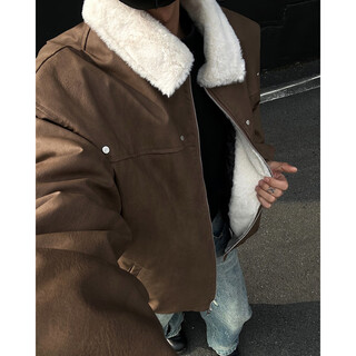 The most aesthetic style lamb velvet thickened warm leather jacket men's autumn and winter maillard style retro lapel motorcycle jacket cotton coat coffee color xl recommended 125-145jin jin equals 0.5 kg
