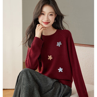 Shexi (srcr) hand-embroidered thick 100% wool sweater for women, autumn and winter short loose knitted base sweater