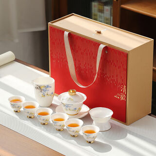 He jiagong mutton-fat jade white porcelain kung fu tea set simple style household chinese-style living room covered bowl teapot teacup set souvenir ruiqi xiangyun 10-head mutton-fat jade porcelain large covered bowl 200ml + gift box