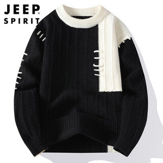 Jeep spirit jeep contrast color sweater men's autumn and winter 2025 spliced high-quality knitted sweater versatile men's clothing black xl