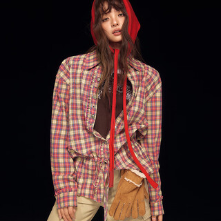 Chuu letter plaid shirt for women 2025 winter new embroidered fungus lace-up lapel long-sleeved top pink plaid one size