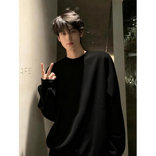 Katuchi cleanfit black heavyweight round neck sweatshirt men's autumn american retro handsome long-sleeved inner bottoming shirt top black xl