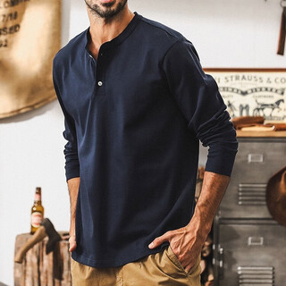Jeanswest american retro 300g heavyweight long-sleeved t-shirt for men in autumn 2025 new trendy brand loose henry collar polo shirt for men, navy blue 300g heavyweight 2xl suitable for 160-180jin jin equals 0.5 kg