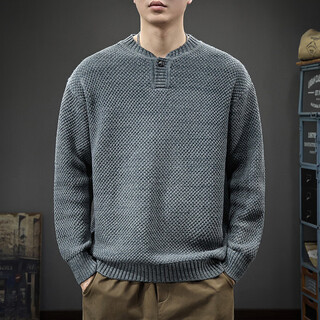 Le xin chao autumn trendy japanese retro henley collar sweater men's pullover loose knitwear autumn and winter new style inner sweater floral gray s (90-115jin jin is equal to 0.5kg)