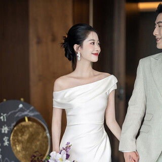 Jane deiune french light wedding dress other shoulder engagement dress 2025 new style light dress certificate registration small white skirt female white m