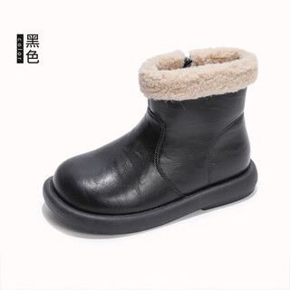 Girls' snow boots 2025 new leather boots new winter children's martin baby short boots cotton shoes plus velvet to keep warm black 25 inner length about 15.5cm