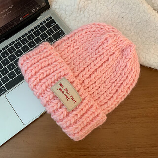 Blue cloth patch thick knitted hat for women in autumn and winter with big head circumference and face, small and versatile cold hat, thickened warm wool thread, pink, one size fits all (priority for collection and purchase)
