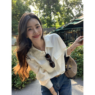 Pusumede intellectual relaxation retro workwear polo collar double pocket long-sleeved shirt women's loose casual shirt white s