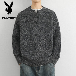 Playboy sweater men's autumn and winter casual loose warm henley collar pullover sweater outdoor top dark gray 2xl