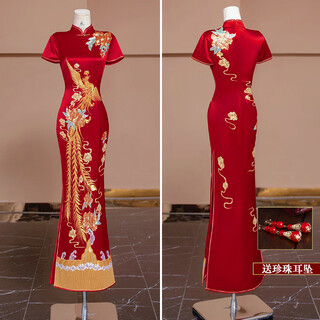 Roar uthaug embroidered cheongsam embroidered and wedding dress 2025 bridal wedding dress chinese wedding dress walk out of the pavilion toast dress engagement dress red cheongsam with free earrings s
