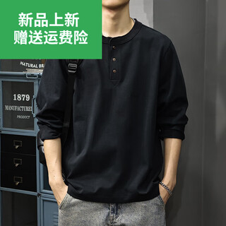 Yishion autumn and winter antique henley collar men's long sleeve t-shirt trendy brand heavy cotton sweatshirt loose casual bottoming shirt black m _weight 100-120jin jin is equal to 0.5 kg