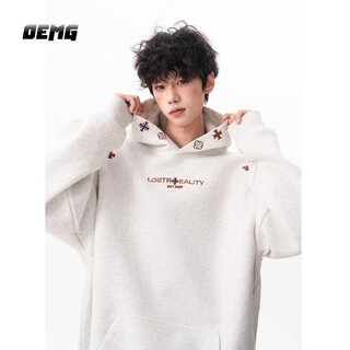 Oemg heavyweight 500g embroidered hooded velvet thickened sweatshirt for men in autumn and winter fashion brand american loose warm jacket white flower gray high quality xl recommended 110-130jin jin equals 0.5 kg