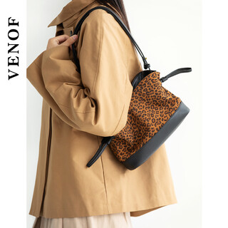 Venof bucket bag women's crossbody 2025 new suede leopard print matte genuine cowhide lucky bag shoulder bag leopard black