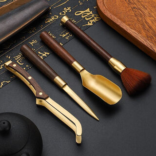Vinoa copper wood tea ceremony six gentlemen solid wood set copper art kung fu tea set accessories tea knife tea spoon tea clamp brass tea ceremony six gentlemen (excluding barrel) new brass five-piece set (unified straight clamp)