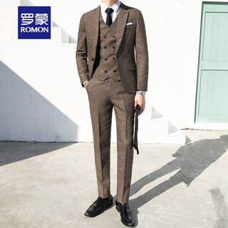 Romon peaky blinders shave party suit men's shelby suit tweed groom wedding retro three pieces khaki (suit + vest + pants) m 48
