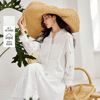 Inman pure cotton embroidered hollow v-neck lace white shirt 2026 spring women's new long-sleeved shirt pearl white s