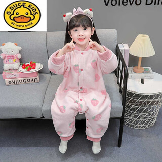 G.duckkids little yellow duck girls one-piece pajamas autumn and winter children's coral velvet princess strawberry home clothes double layer thickened baby baby pink - button style - double layer thickened with velvet 90 cm