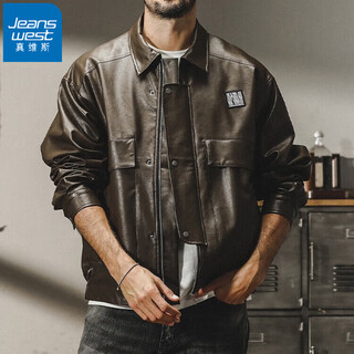 Jeanswest pu leather jacket men's american heavyweight loose casual maillard retro motorcycle leather jacket autumn and winter jacket brown 2xl size 160-180jin jin is equal to 0.5 kg