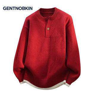 Gentnobkin old money style henry collar sweater men's autumn and winter sweater lazy pullover casual sweater jacket red m