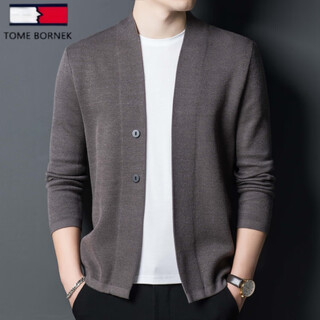 Tome bornek 2025 autumn new long-sleeved men's slim-fit sweater casual solid color thickened blended wool cardigan sweater camel xl 175