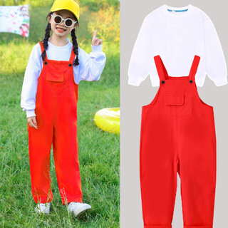 Aoshengkou children's candy-colored suspender trousers suit, primary school sports meeting opening ceremony class uniform for boys and girls chorus, red suspender trousers + long-sleeved white sweatshirt 110 cm