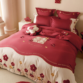 Mercury series high-end chinese style 100-count cotton thickened brushed four-piece set pure cotton bed sheet embroidered quilt cover wedding warm bedding love song 100-count long-staple cotton four-season style 1.8m bed sheet style quilt cover 200*230