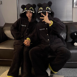 Couple pajamas winter plus velvet cartoon couple pajamas coral velvet winter one man and one woman thickened plus velvet hooded winter toothless black and gray hooded top + pants single set 2xl male 155-180jin jin is equal to 0.5 kg