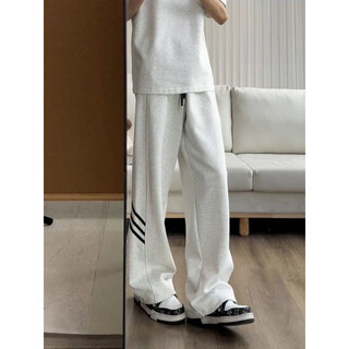 Cantu american retro three-stripe sports casual pants for men in autumn and winter trendy brand loose bootleg sweatpants high street scimitar pants white gray regular style xl