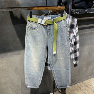 Trendy brand japanese light-colored nine-point jeans for men straight-leg loose tapered versatile harem pants trendy dad pants light blue 600 34 34
