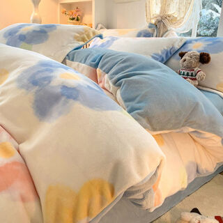 Fantasy winter double-sided milk coral velvet duvet cover single piece 150x200x230 individually velvet flannel sheet quilt 4 colorful flower + baby blue high weight milk velvet for double warmth 150x200cm single piece duvet cover double-sided velvet for double warmth