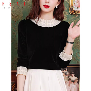 Fsat french style gold velvet top, noble and stylish black shirt, women's 2025 new autumn and winter european shirt, black xl 115-125jin jin is equal to 0.5 kg