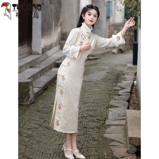 Woodpecker long cheongsam autumn and winter 2025 new style high-end slim fit plus velvet thickened dress winter national style embroidery beige plus velvet embroidery + jacquard thickened l
