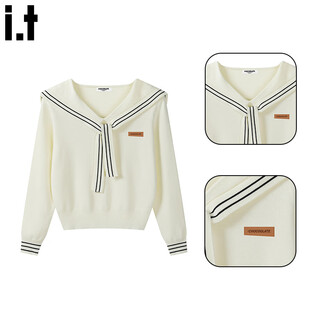 Chocoolate it women's sweater women's college style navy collar streamer sweater women's autumn and winter new inner layering short top off-white m