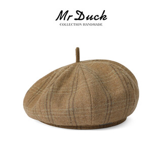 Mr duck's new woolen women's french octagonal beret, retro plaid, fashionable and versatile, upgraded hat shape to make your face smaller, amber beige brown (beret)-mw56739 m (suitable for 55-56cm head circumference)