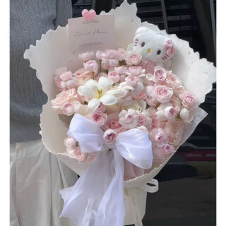 Flower love city delivery: fairy kiss rose bouquet for girlfriend, wife, best friend birthday confession gift, 33 fairy kiss roses, 6 pink snow doll bows