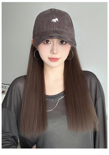 Wig and hat all-in-one women's fashionable little fox wool roll baseball hat with wig for women full head little fox smoke gray baseball cap long straight brown black + hair net