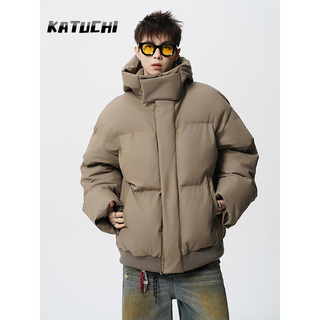 Katuchi american pu leather down cotton jacket men's winter loose thickened high street cleanfit cotton jacket bread clothes jacket khaki xl