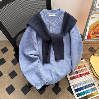 Xuedeya sweater with shawl for men in autumn fake two-piece shawl sweater for men with trendy lazy style loose henley collar sweater style blue m