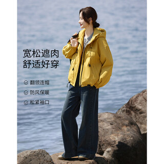 Shangjing drawstring hem hooded workwear thickened jacket women's 2025 winter new style high-end versatile velvet warm top yellow m